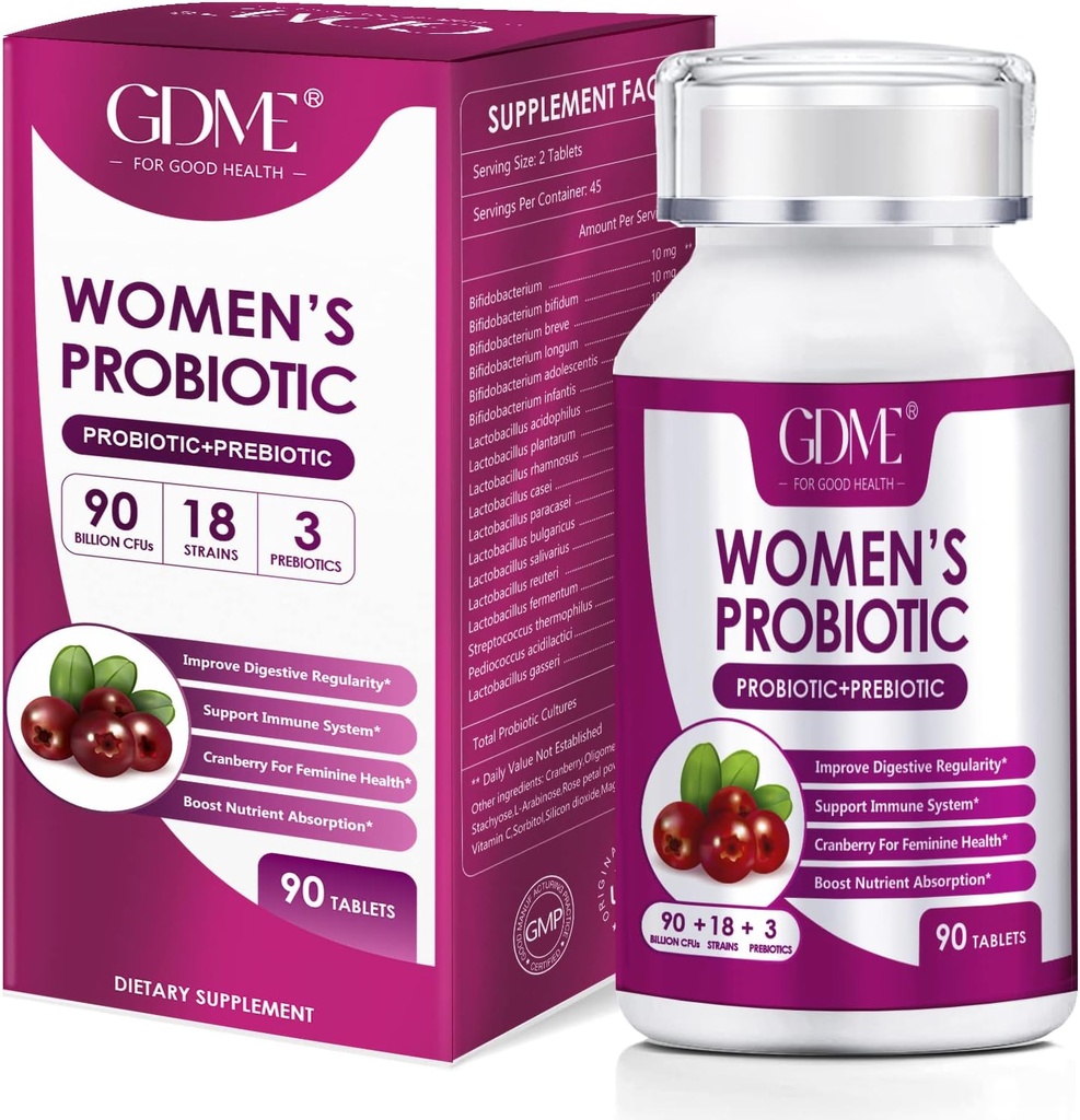 GDME Probióticos femininos, 90 comprimidos 90 bilhões UFC 18 Strains, contém prebiótico orgânico Cranberry, suplemento probiótico para a digestão, imunidade, saúde da mulher, leite de soja sem glúten