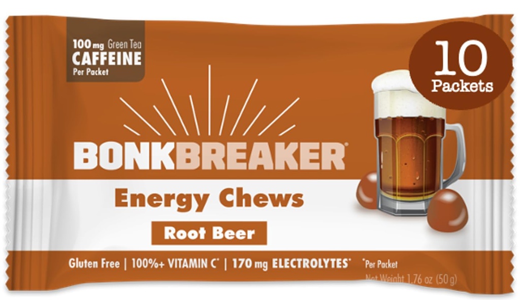 Mastigadores de energia do disjuntor de Bonk, ingredientes livres de leite e glúten para fornecer energia rápida e foco, 1 caixa de 10 pacotes, cerveja raiz
