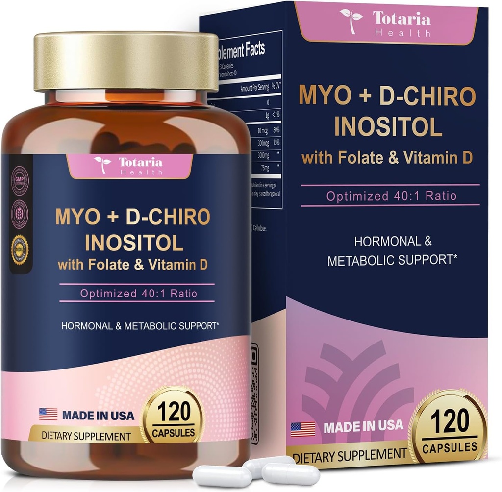 Totaria Inositol Supplement - 3075mg Myo-Inositol & D-Chiro Inositol Capules Plus Vitamina D3, Folato, Razão Ideal 40:1 - Equilíbrio Hormonal para Mulheres e Ovários* Suporte Vegan, Não OGM - 120 Caps