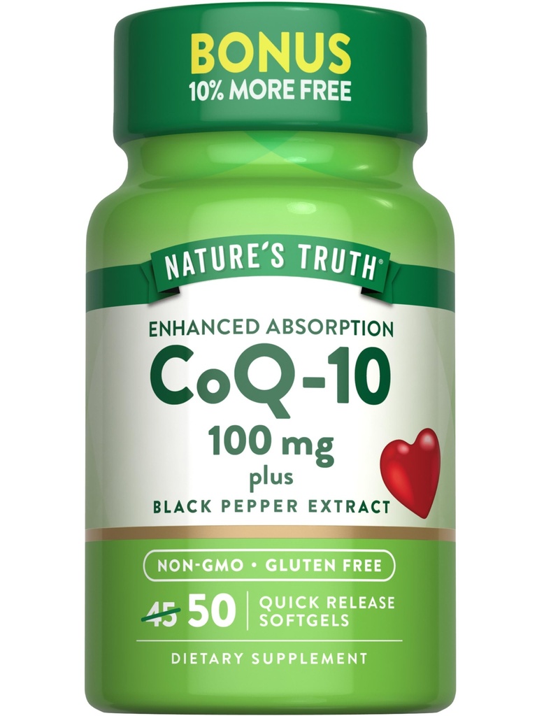 Nature's Truth CoQ10 100mg 50 Softgels Mais Extrato de Pimenta Negra Não-GMO e Suplemento sem glúten