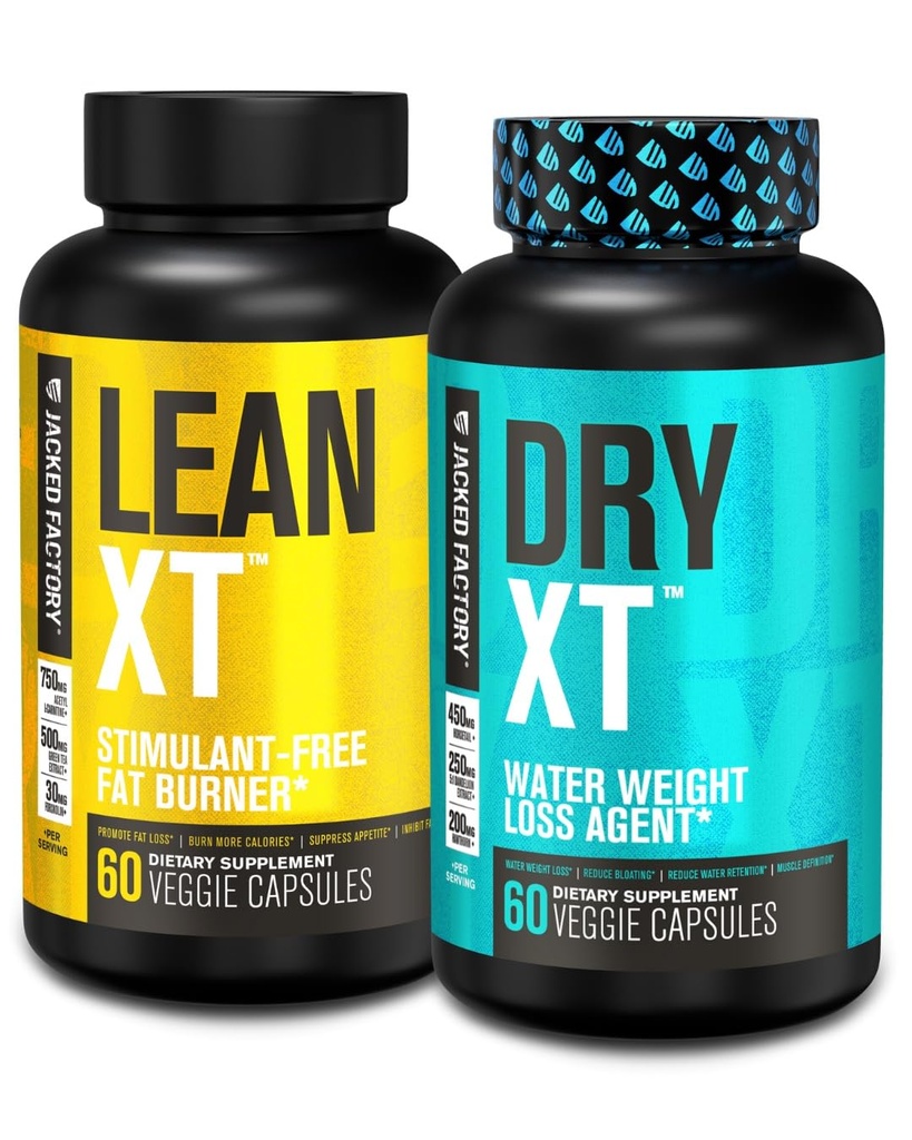 Pilha de perda de peso Stim-Free Fábrica Jacked - Lean XT Stim-Free Fat Burner e Dry XT Water Pills para redução de entupimento (fornecimento de 30 dias)