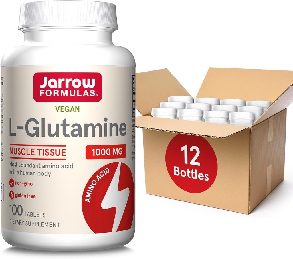 Jarrow Fórmulas L-Glutamina 1000 mg, Suplemento dietético para tecido muscular, Aminoácido Multifuncional, Suporte Imune, 100 comprimidos de solução fácil, 50-100 dias de fornecimento, pacote de 12