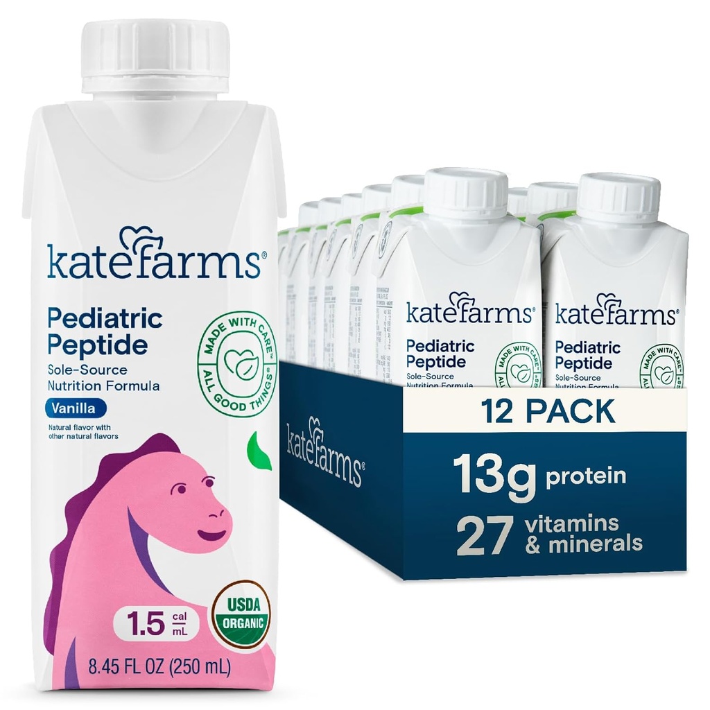 KATE FARMS Organic Pediatric Peptide 1.5 Fórmula, Baunilha, Nutrição Hidrolisada Baseada em Plantas para Alimentação Oral ou Tubo, 8,45 onças (12 embalagens)