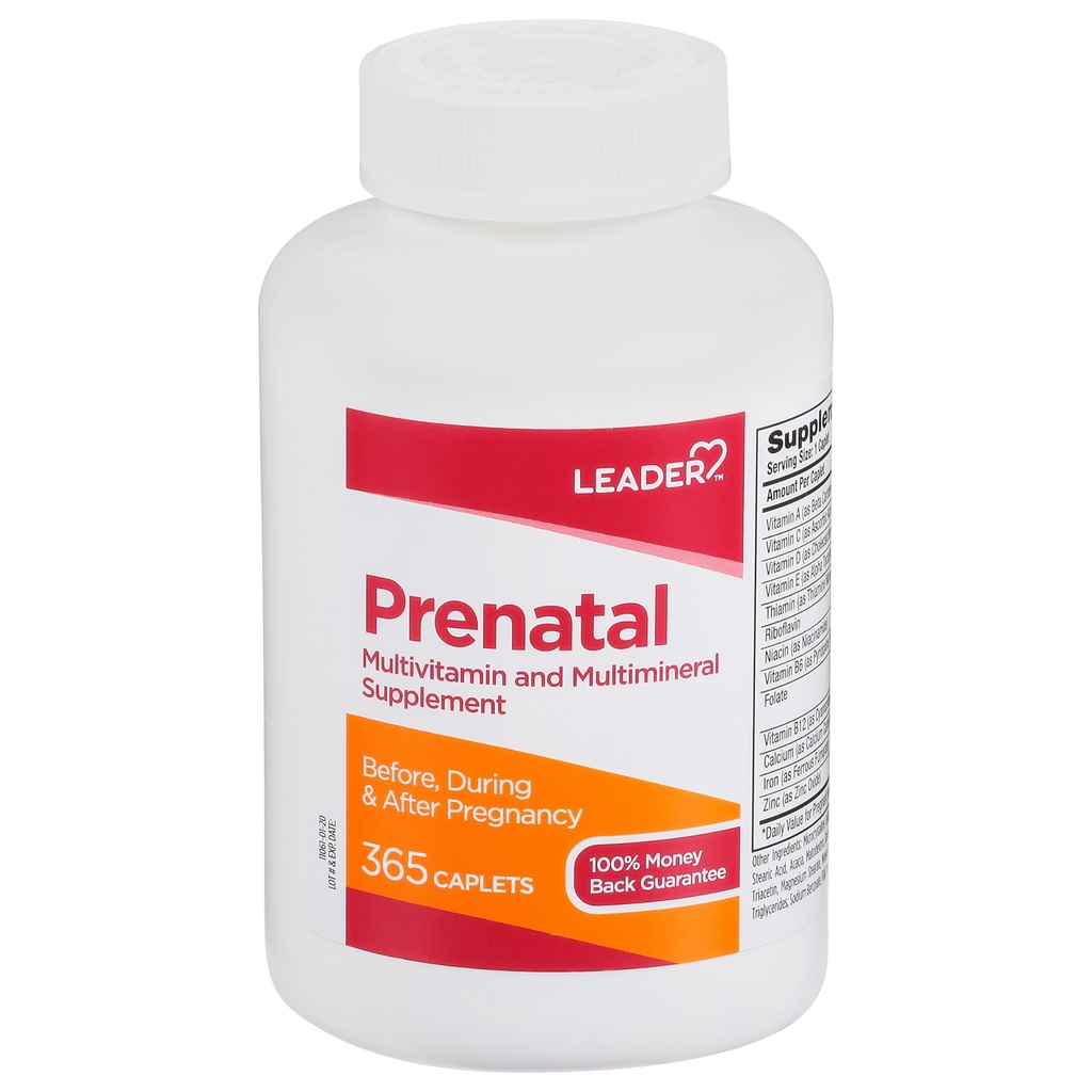 LEADER Multivitamin pré-natal com ácido fólico 800mcg e nutrientes essenciais para gravidez saudável e desenvolvimento fetal, DHA, Vitamina de alta potência para as mães que esperam, suporte diário, 365 Caplets
