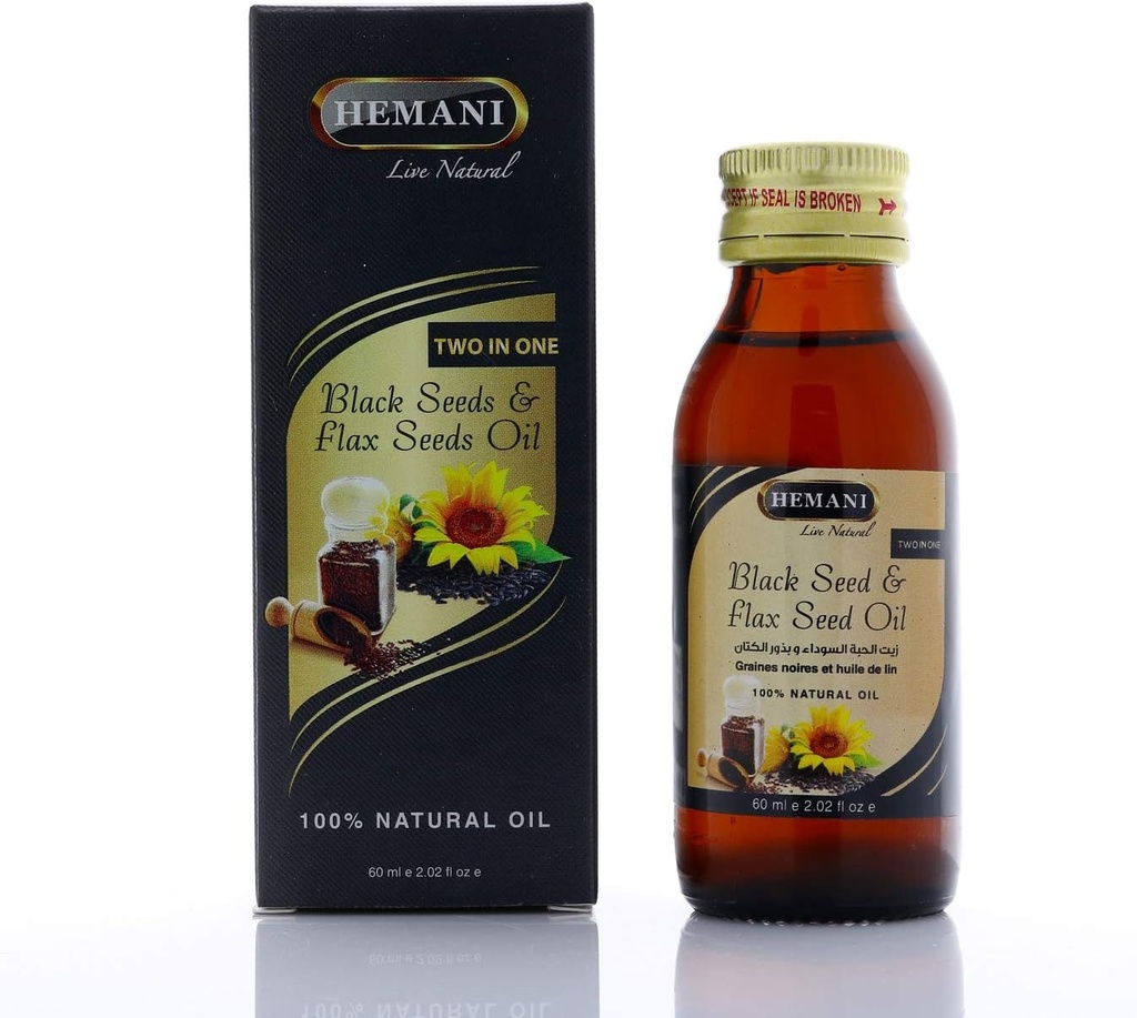 Hemani Pressed Black Seed e Flax Seed Oil Blend 60ml- Gluten-Free, Non-GMO, High in Omega 3, 6, & 9, Suporta Joint, Brain, and Heart Function