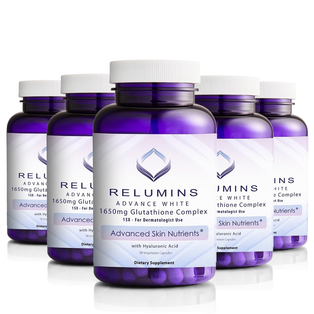 Complexo de Reluminas L-Glutationa 1650mg - Apoio antioxidante com Ácido Alfa Lipóico, NAC, L-Metionina, Vitamina E, Suplemento de Saúde da Pele, Made in USA - 90 Cápsulas Vegetarianas x 5 Garrafas