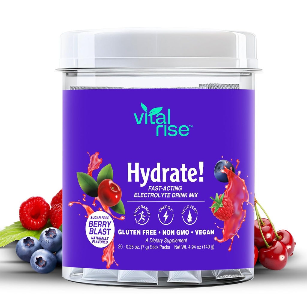 Vital Rise® Hydrate! - Berry Blast - Pacotes de pó de hidrato de sódio baixo Mistura de bebida de eletrólito de sódio fácil aberto único-Serving Stick .