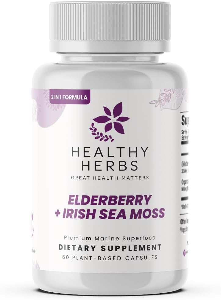 Hervas saudáveis Wildcrafted Elderberry Sea Moss Cápsulas □ 2600mg Irish Sea Moss + Elderberry Essentials Mistura □ US-Made, Vegan, Non-GMO, Easy-Swallow (60 Cápsulas)