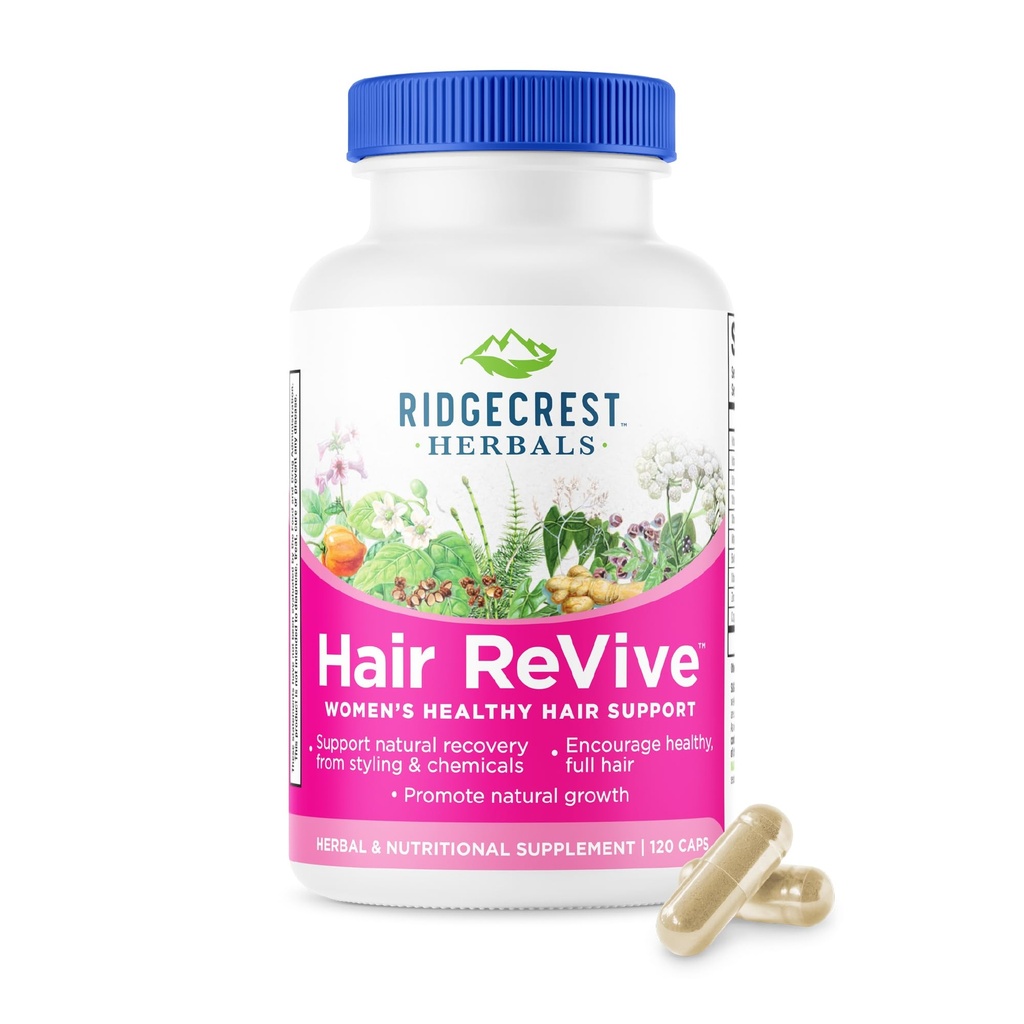 RidgeCrest Herbals Hair ReVive, Nutritional Hair Supplement with Vitamina C, Biotin (6000mcg), Zinco, e Cobre, Vitaminas capilares para mulheres para apoiar cabelos saudáveis, pele e unhas (120 Caps, 30 Servings)