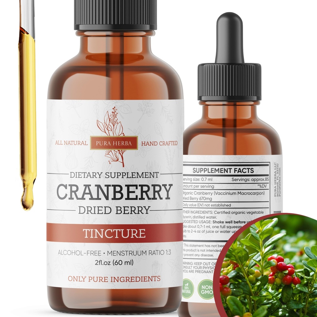 Tintura de cranberry - Extrato de cranberry orgânico líquido, álcool - Suplemento de ervas grátis - Made in USA