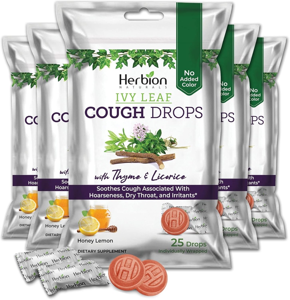 Herbion Naturals Ivy Leaf Cough Drops com tomilho e alcaçuz, sabor de limão mel, acalma tosse, para adultos e crianças acima de 6 anos, 125 contagem, pacote de 5