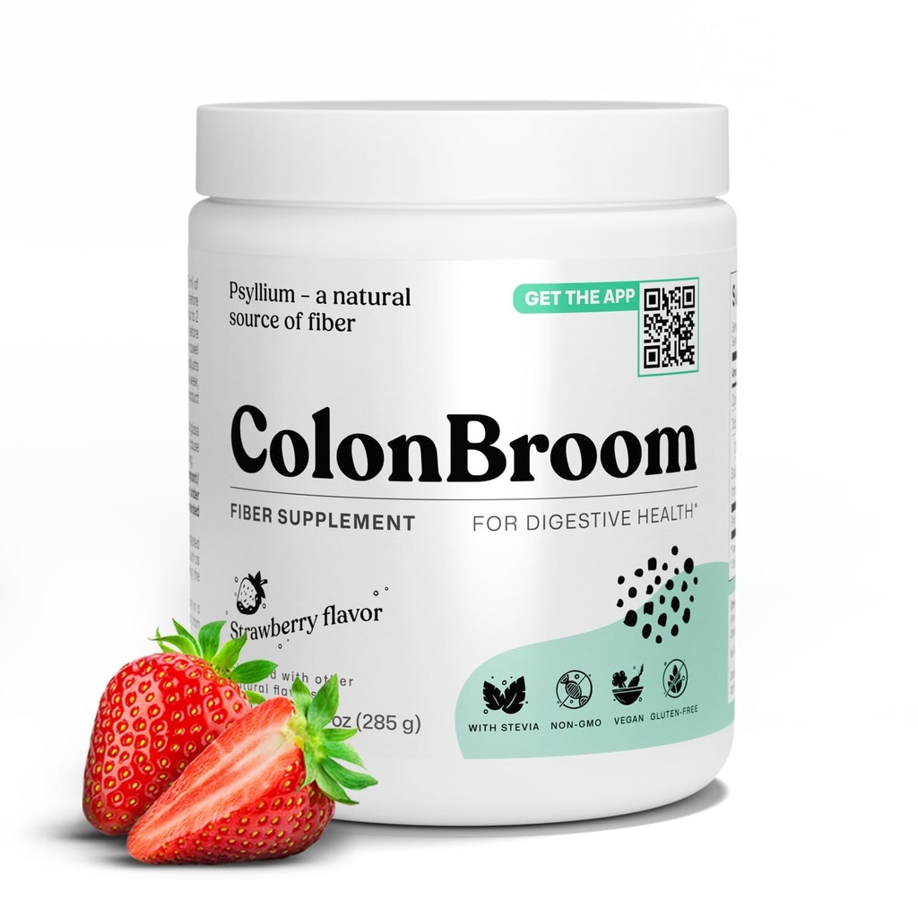 ColonBroom Psyllium Husk Powder (Strawberry) - Colon Cleanse para Bloating Alívio & Gut Saúde - Colon Broom Fiber Powder Drink - Vegan, Sem glúten, Não-GMO Fiber Powder Supplement, 50 Servings