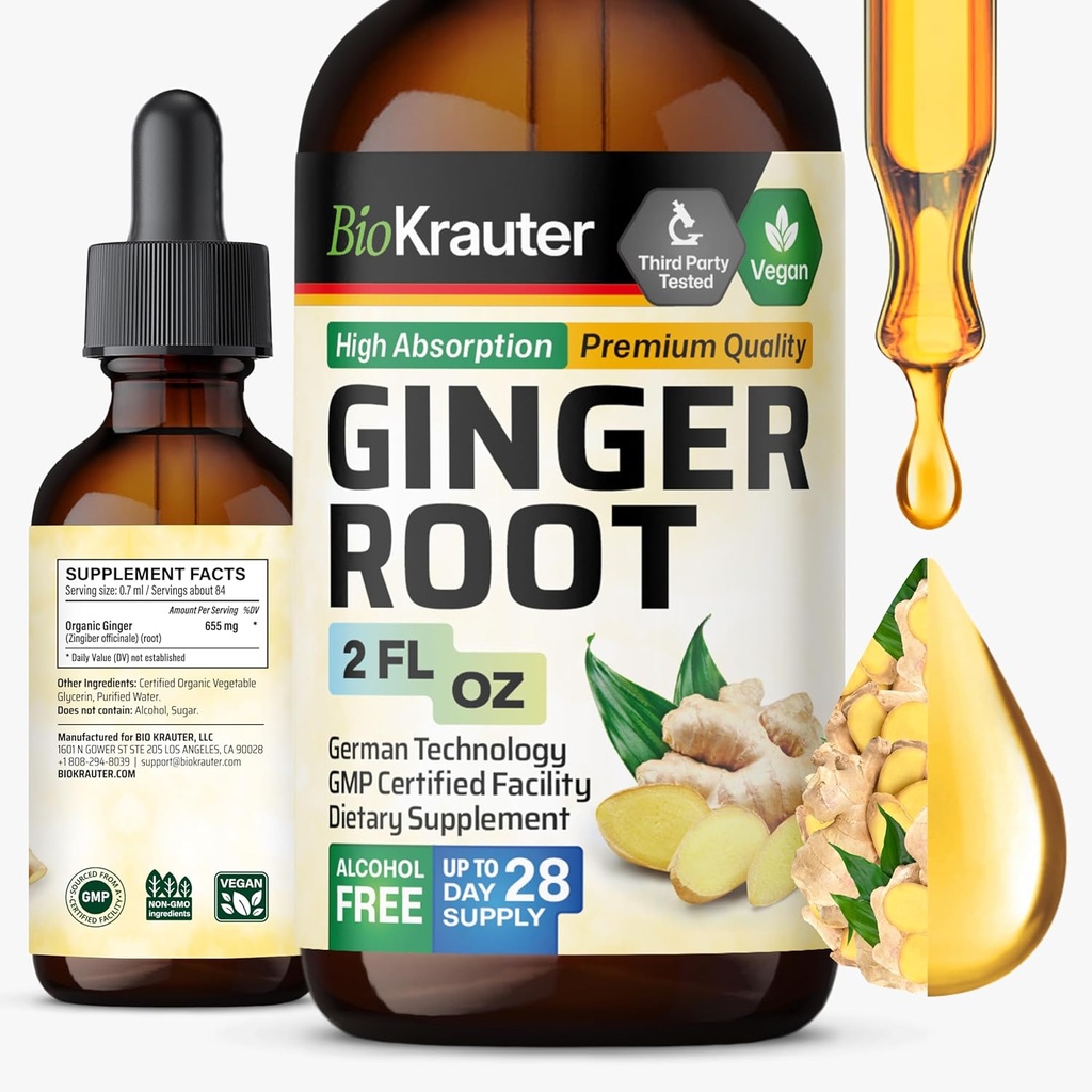 BIO KRAUTER Ginger Root Extract - Suplementos de gengibre natural para o bem-estar geral - Álcool e açúcar livre - Vegan Drops 2 Fl.Oz.