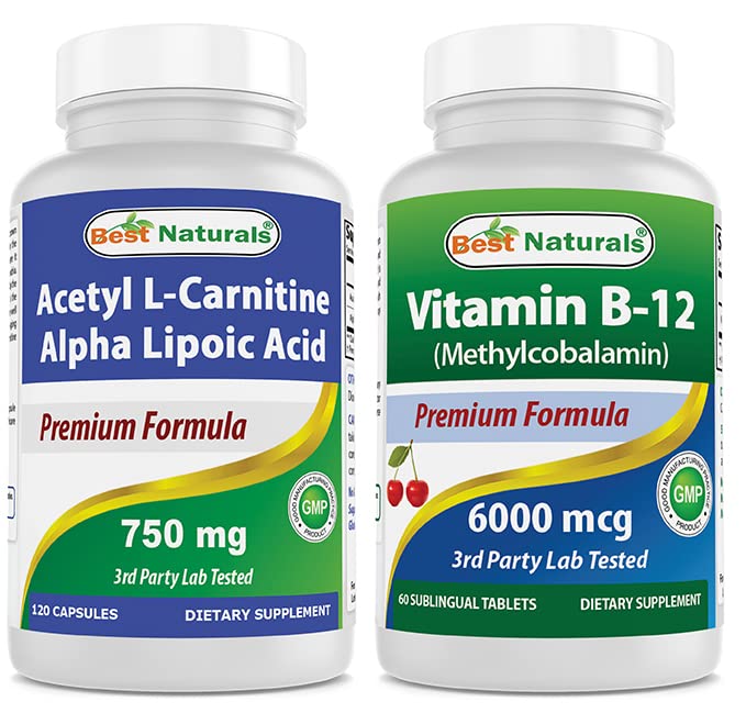 Melhores naturais Acetil L-Carnitina e ácido alfa lipoico 750 mg e vitamina B-12 6000 mcg