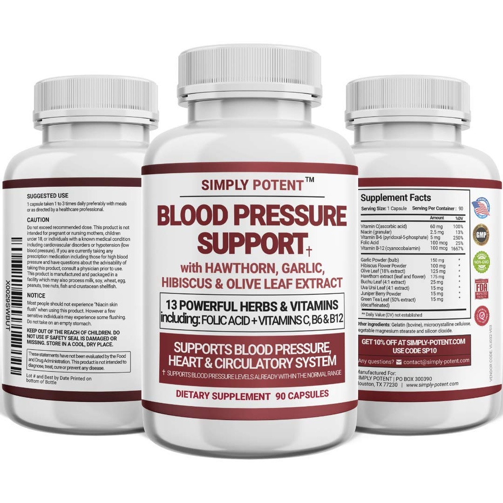 Suplementos de suporte à pressão arterial - Coração saudável, Colesterol, Cardio, Hipertensão, PA alta - 13 Vitaminas e ervas - Ácido Fólico, Vitaminas C B6 & B12, Hibisco de folhas de folha de Hawthorn, 90 Cápsula