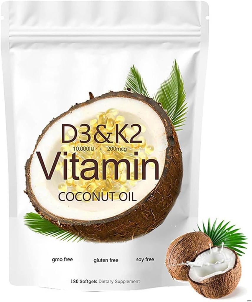 2-em-1 Vitamina D3 K2 Suplemento Softgel, 10000 UI VIT D3 + 200 MCG Vitamina K2 (180 Pcs)