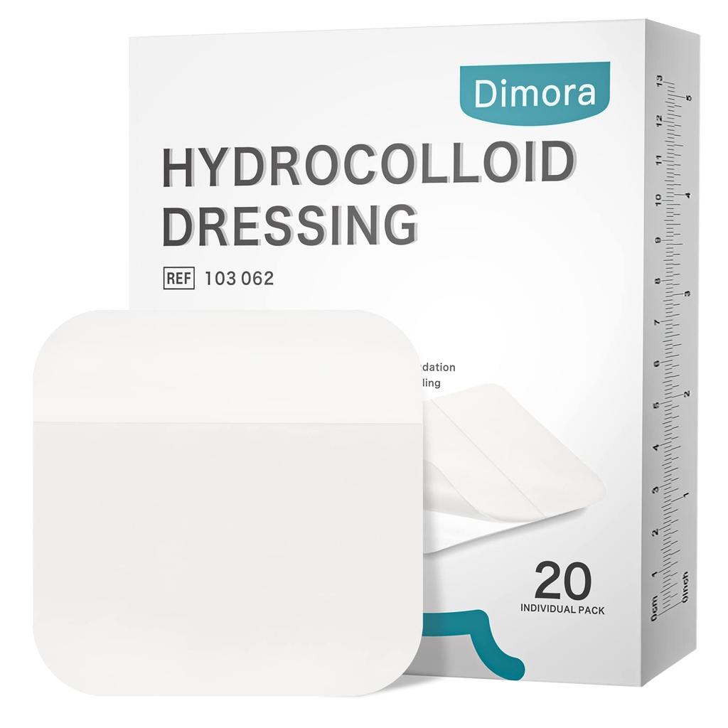 Dimora 20 Pack Dressing de ferida hidrocolóide, Ultra Thin 4" x 4" Bandagens de patch grandes com auto-adesivo