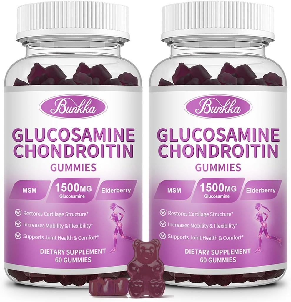 2 Pacote Glucosamina Condroitin Gummies Força extra w/MSM,Elderberry,Hyalurônico ácido-Chewable Suplemento de suporte conjunto para mulheres, homens, adultos-Antioxidante Suporte para comum conforto e mobilidade