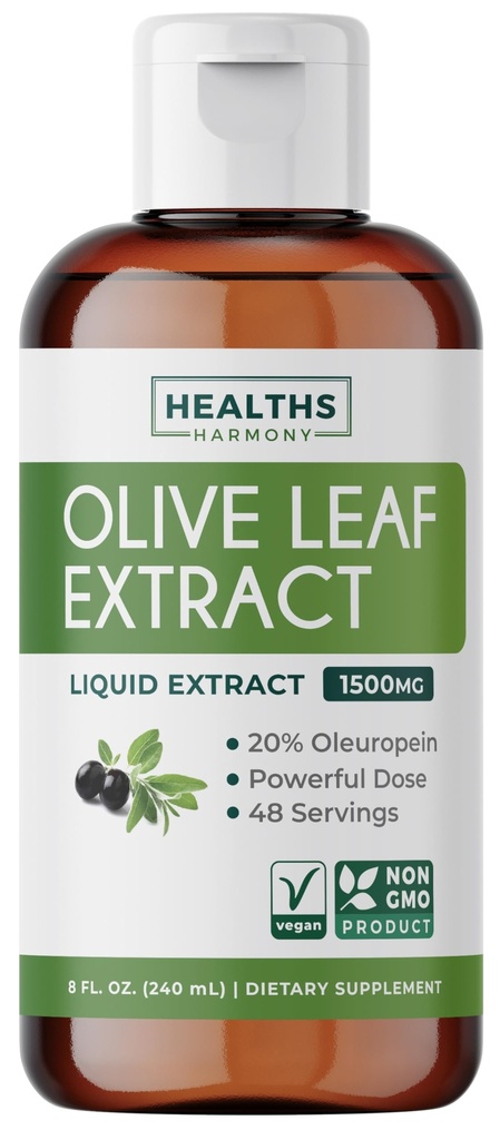 Extrato de Folha de Oliva (Non-GMO) Super-força: 20% Oleuropein - 1500mg - Vegetariano - Suplemento de Apoio Imune, Saúde da Pele e Poderosos Antioxidantes Suplemento - Extrato Líquido - 8 Fl Oz