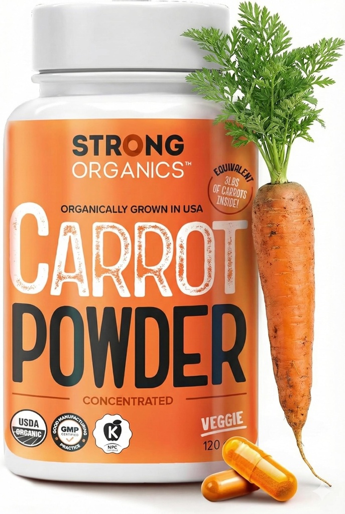 USDA Organic Cenoura em pó Cápsulas (120), Crescido nos EUA, Eye Support, Beta Caroteno, Vitamina A, Carotenóides, Antioxidantes, 106°F Max, Vegan, Kosher-2 Meses Fornecimento