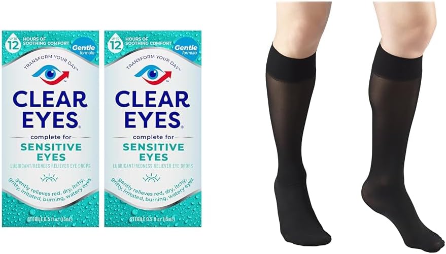 Clear Eyes Sensitive Eye Drops 2 Pack & Truform Sheer Meias de compressão joelho feminino High 20 Negador preto médio