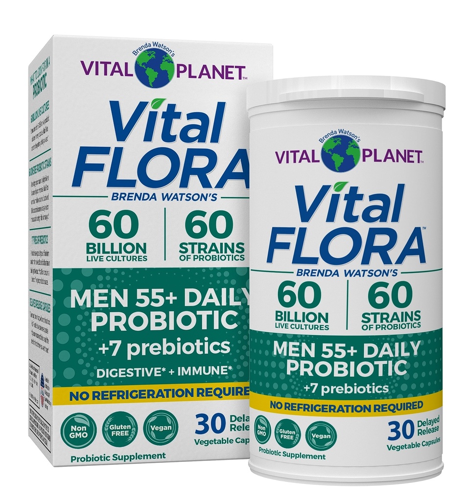 Planeta Vital - Flora Vital Homens Mais de 55 Probiótico diário, 60 bilhões de UFC, Deformações Diversas, Prebióticos Orgânicos, Suporte Imune, Prateleira Digestiva Saúde Probióticos Estáveis para Homens, 30 Cápsulas