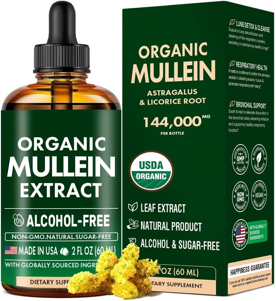 Mullein Drops para pulmões, folha de mullein & extrato de alcaçuz apoio Lung Cleanse & respiração saudável, Mullein Folha orgânica Tintura Suplemento de ervas, Sem aditivos Mullein Extract Drops 2 fl Oz 60Ml
