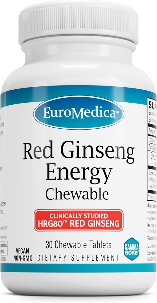 EuroMedica Red Ginseng Energia - Suplemento para apoiar Energia saudável e foco - Suplemento de ervas com vermelho coreano Ginseng Raiz Pó - Tablets Vegan para ajudar Endurance saudável - 30 Tablets mastigáveis