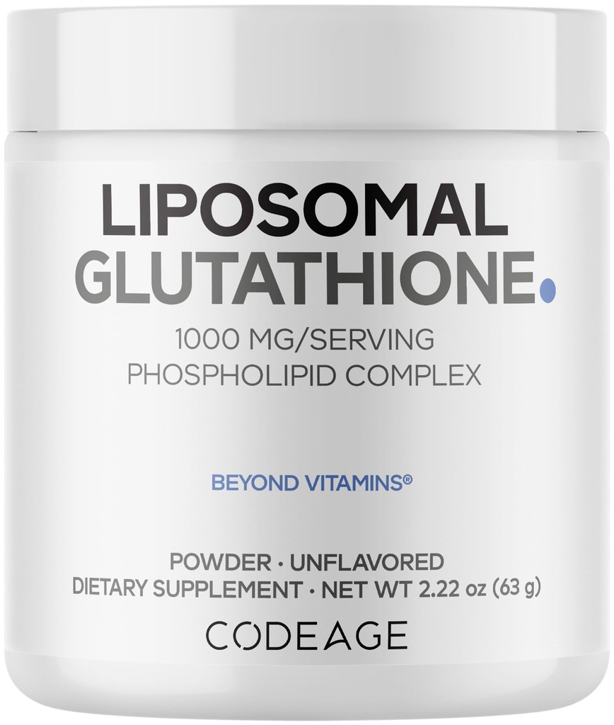 Codeage Glutationa lipossómica Pó - 1.000 mg Vegan reduzida L-Glutationa por serviço, entrega lipossómica - 2-mês de fornecimento - sem sabor - fosfolipídio - Não-GMO Gluten-Free - 2.22 Oz