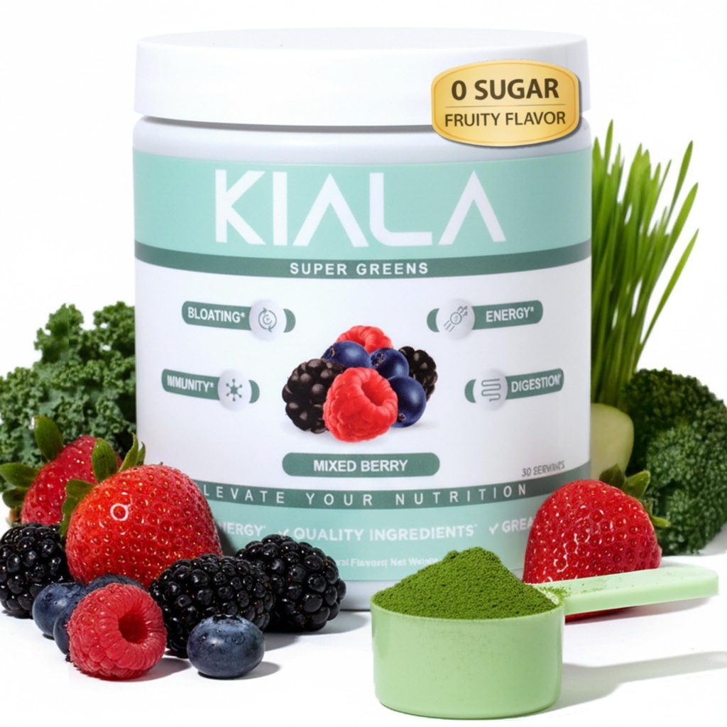 Kiala Nutrição Super Verdes, Verdes Orgânicos Pó com espirulina e chlorela para digestão, Gut Saúde, Imunidade, Energia, Glúten Livre, Vegan, Açúcar Livre, Misturado Berry, Spectra Mistura, 30 Servings