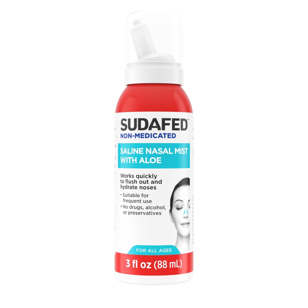 Sudafed Nasal Nasal Mist não medicado com Aloe, Nariz Salino Spray para todas as idades rapidamente Flushes & Hidrata Passagens Nasal, Use Nasal Mist como frequentemente como necessário, Drug-Free, 3 fl. oz