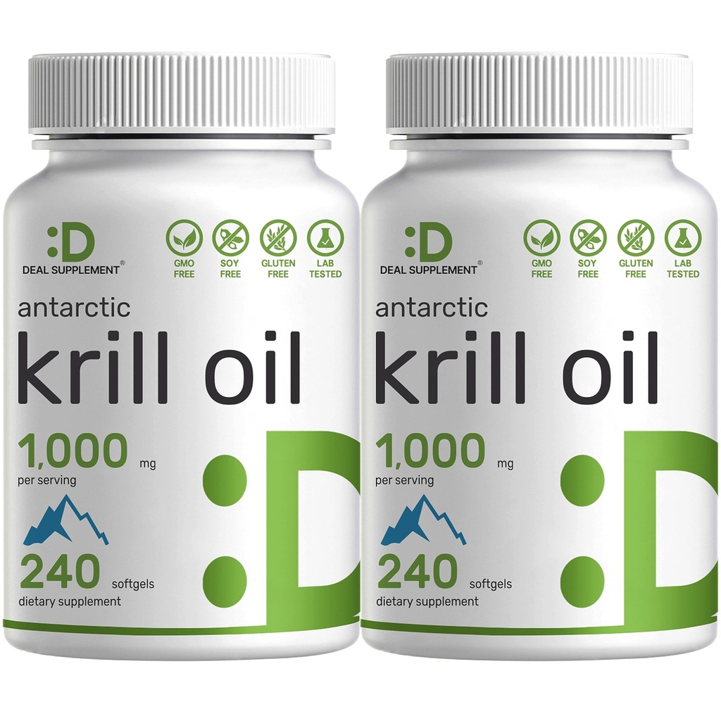 COMPLEMENTO DEAL 2 Pack Antártico Krill Oil, 1.000mg por serviço, 480 Softgels – Mercúrio Livre, Sem gosto de peixe – Rico em Omega-3s, EPA, DHA, Astaxantina, & Fosfolipídios – Não-GMO, Sem glúten