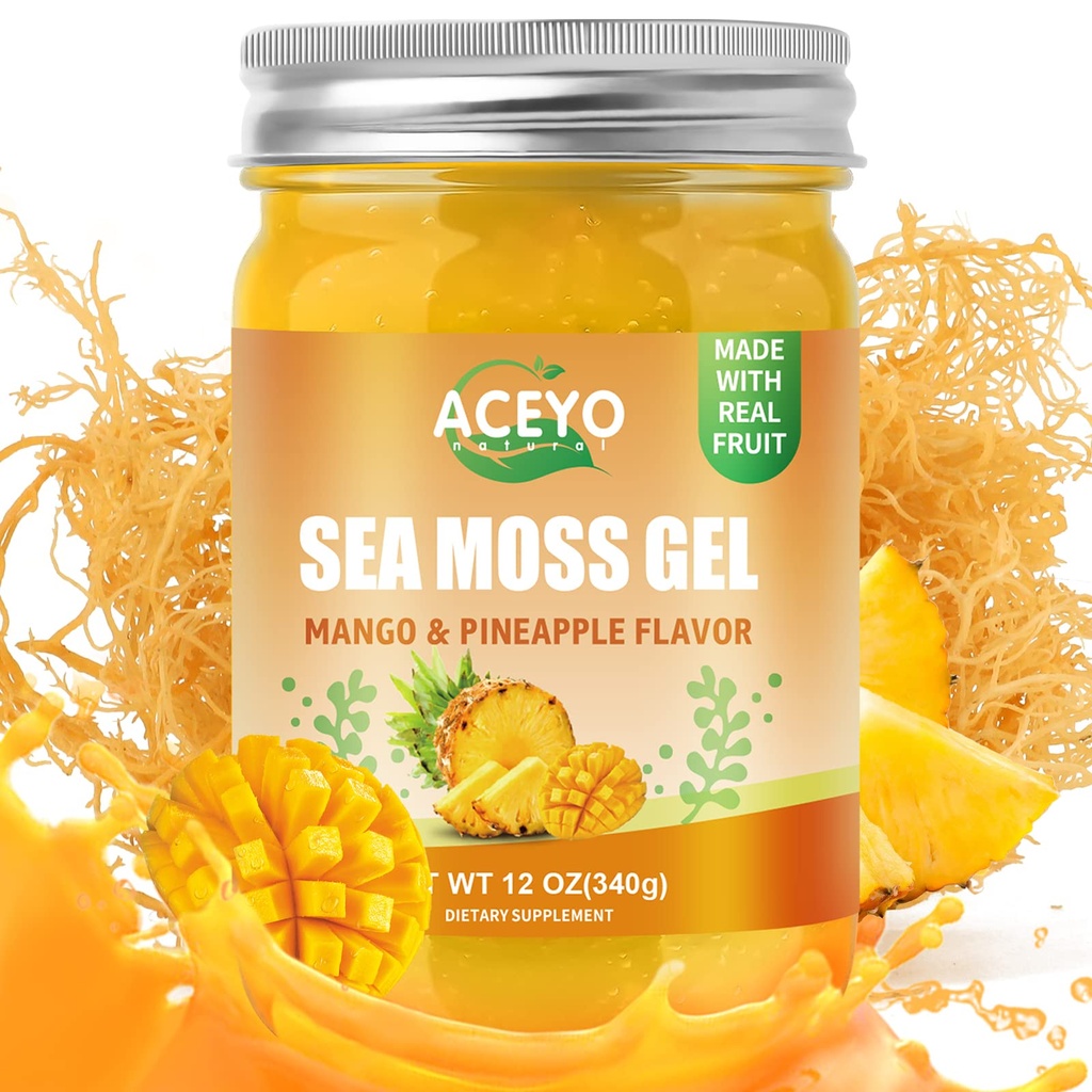 ACEYO (12 OZ) Irish Sea Moss Gel Raw Vegan Mango Abacaxi Sabor 102 Vitaminas e Minerais Selvagem Colhida Não-GMO Imune Defesa Booster Thyroid Digestive Support