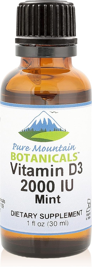 Pure Mountain Botanicals Flavored Vitamina D Drops – Mint Flavored Liquid Vitamina D3-2000iu por serviço - 1 oz garrafa
