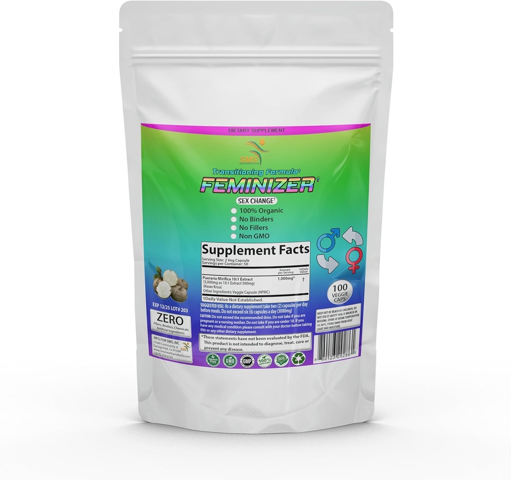 Feminizer Sexo Mudar pílulas por SMS, 100 Veggie Caps Pueraria Mirifica Para Estrogênio 1.000mg Puro 10:1 Raiz Extrato Pó - Kwao Krua Kao - Grau Premium, Orgânico para Mulheres, Transgênero, Ladyboy, LGBT