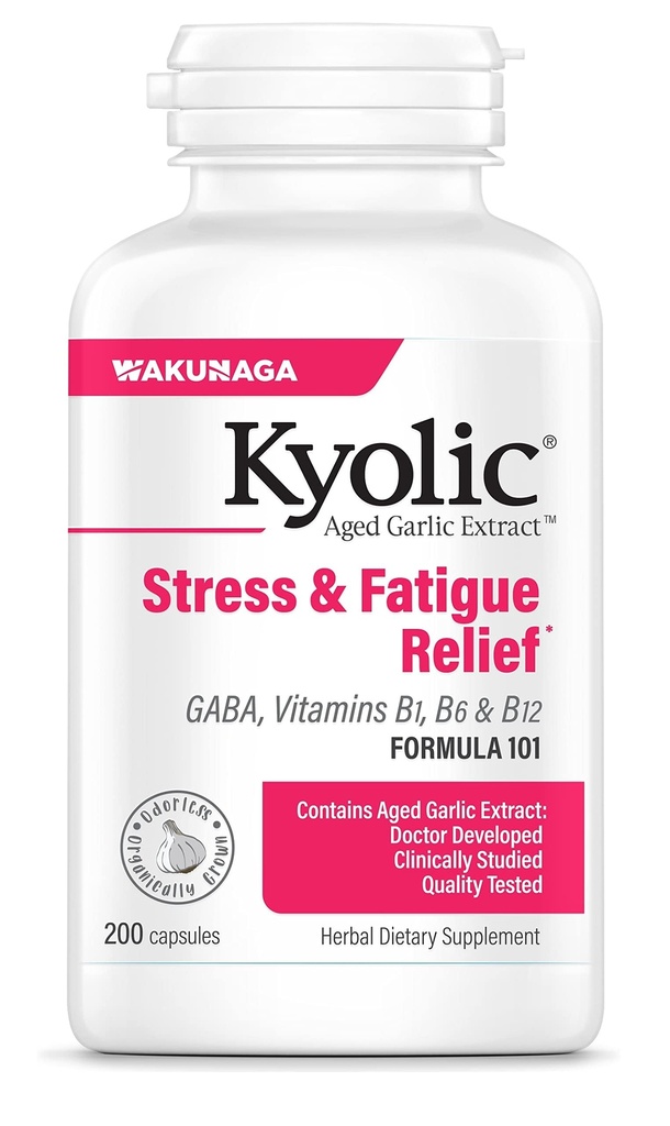 Kyolic Aged Alho Extrato Fórmula 101, Stress e Fadiga Alívio, 200 Cápsulas.