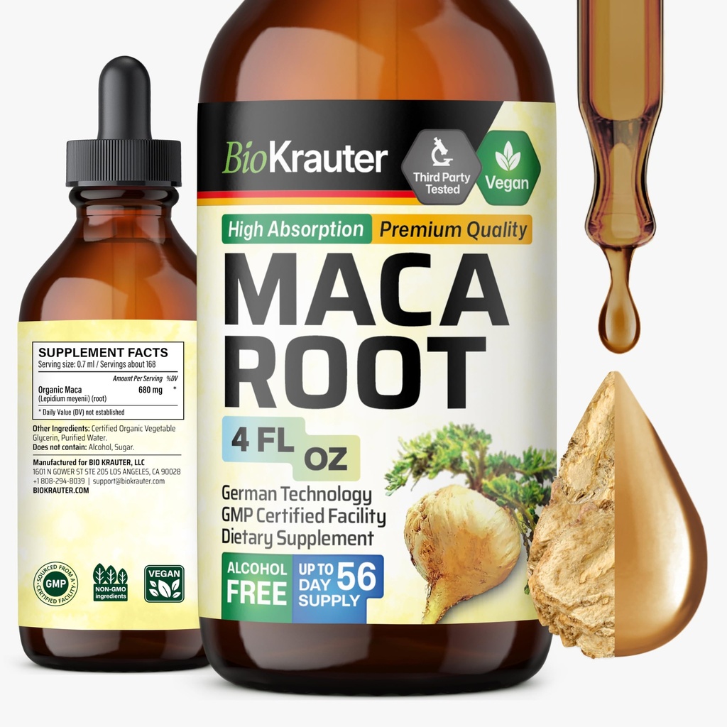 BIO KRAUTER Maca Raiz líquido gotas - Maca Extrair tintura - Vegan, Açúcar & Álcool Extrato grátis 4 Fl.Oz.