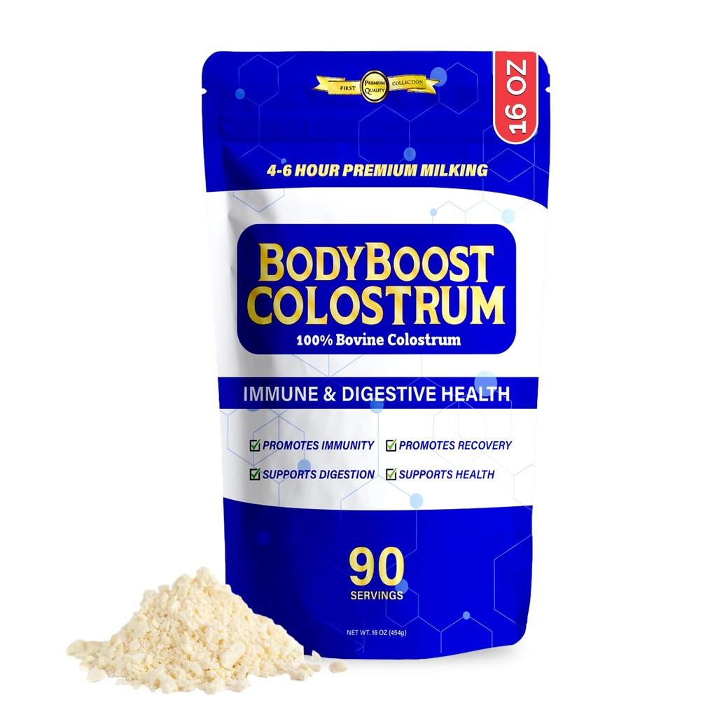 BodyBoost Premium Colostro inteiro, 100% Bovine Colostrom Pó, Imune Booster Suplemento com imunoglobulina e Lactoferrina, Grama Fed Colostrom Pó, Gut Saúde, Ingestão Diversa,16 onças