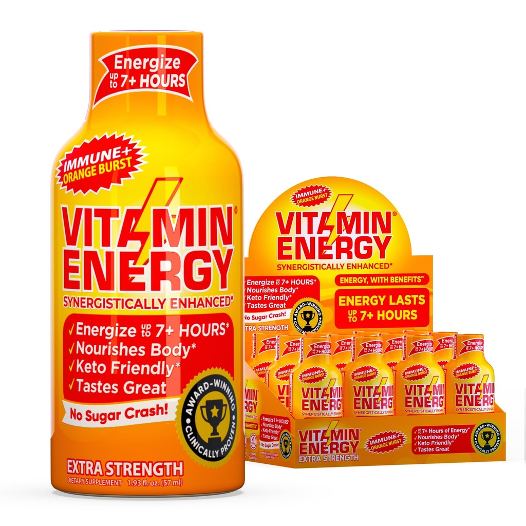 Vitamina Energia Imune+ Força extra Energia Shot Laranja Burst 12 Pack, 260mg Cafeína Natural, B-Vitaminas, Citicolina, Chá Verde, Imunidade e Foco Suporte, Açúcar Zero, Sem glúten 1,93 fl oz