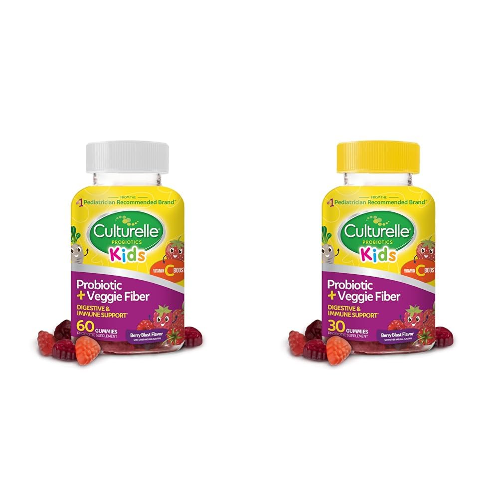 Culturelle Kids Daily Probiótico + chicletes de fibra vegetal (60 & 30 Conde) - Berry Flavor, Digestivo e Imune Saúde Suporte