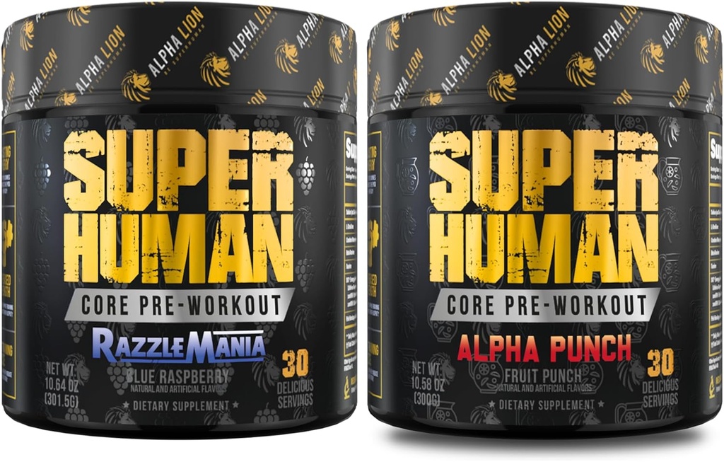 ALPHA LION Núcleo Pre Treino pacote de pó para bomba e tri-fonte de cafeína para energia sustentada, Fruit Punch & Blue Framboesa sabor (30 Servings Cada)