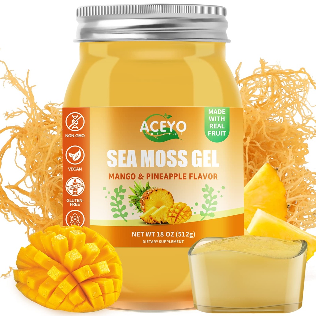 ACEYO (18 OZ) Irish Sea Moss Gel Raw Vegan Mango Abacaxi Sabor 102 Vitaminas e Minerais Selvagem Colhida Não-GMO