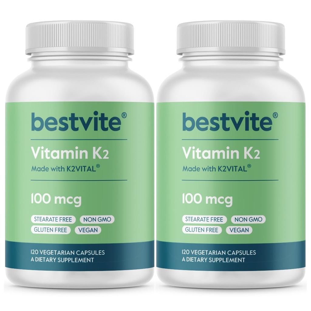 BESTVITE Vitamina K2 100 mcg como MK-7 (240 Cápsulas vegetarianas)(120x2) - Sem estearatos - Vegan - Não OGM - Sem glúten