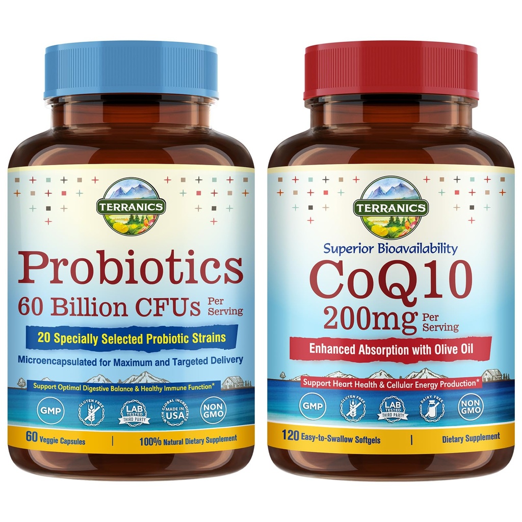 Terranics Probióticos & CoQ10 Pacote, Coração & Digestion Saúde, 60 Bilhões Probióticos, Coenzima Bioativa Q10 200mg, Extra Azeite Virgem, Pacote & Salvar