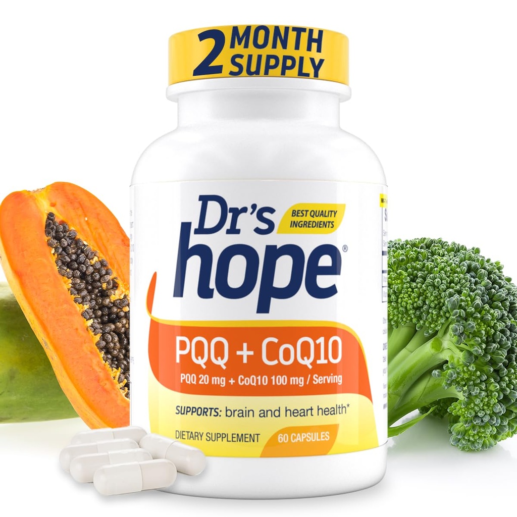PQQ CoQ10 - PQQ 20mg Com CoQ10 100mg, Suplemento PQQ com Coenzyme Q10 Supplement Supplement Suporta Saúde do Cérebro, 60 bonés vegetarianos - 1 cápsula por serviço