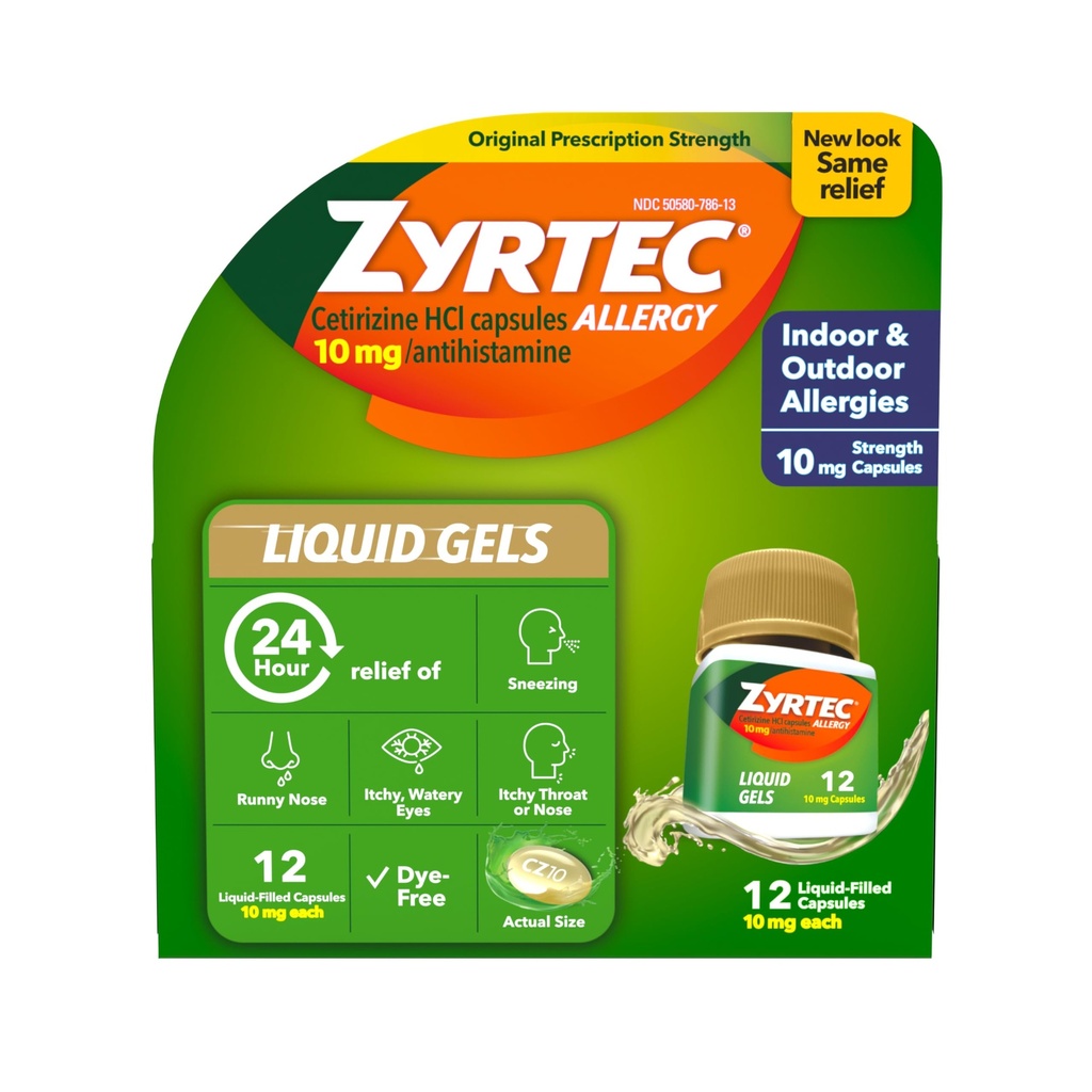 Zyrtec 24 horas Alergia Relief Gels Líquidos, Cápsulas de Anti-Histamínico com Cetirizine HCl Alergia Medicina para alívio de todos os dias de Runny Nase, espirros, Itchy Eyes & More, 12 contagem