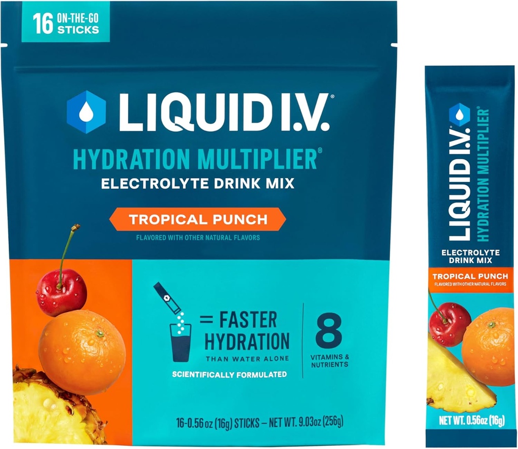 Líquido I.V.® Hydration Multiplier® - Tropical Punch - Hydration Powder Packets □ Electrolyte Powder Drink Mix □ Varetas de serviço único convenientes