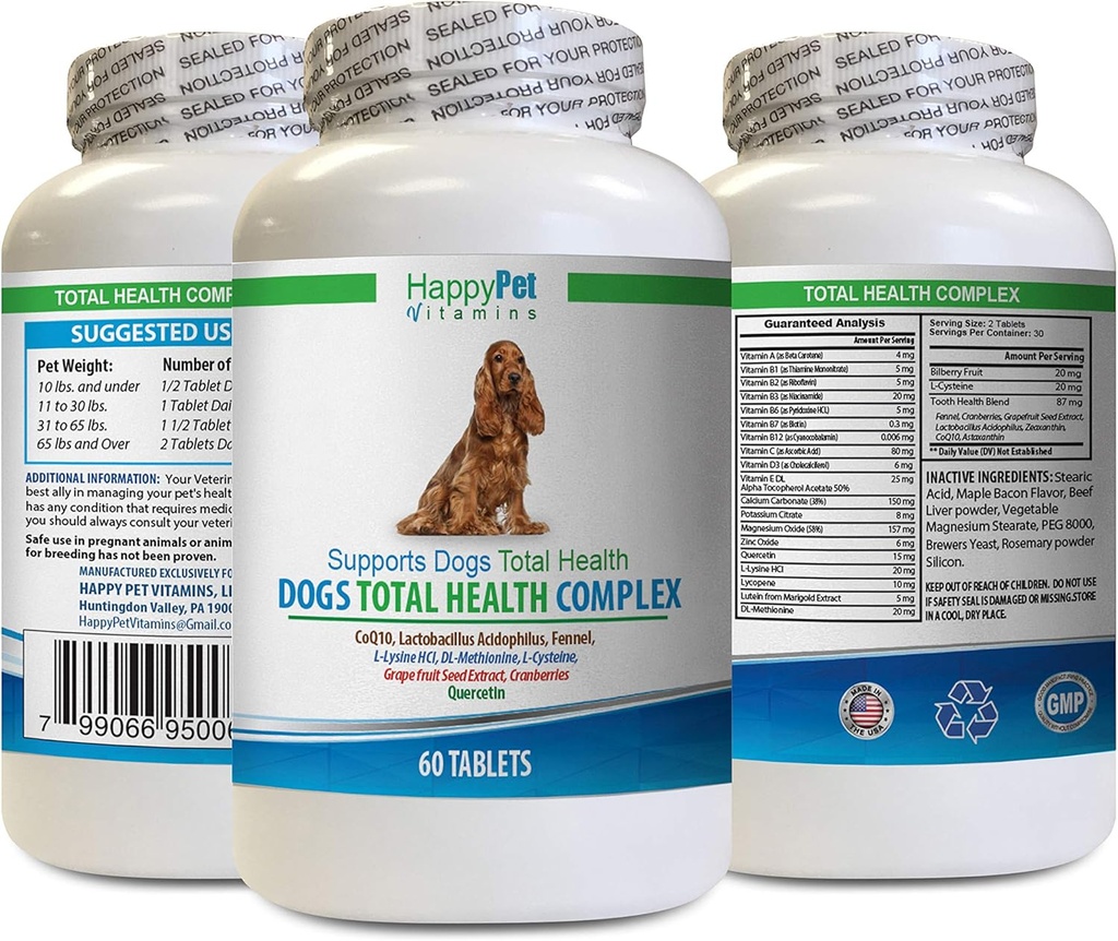 Dog Healthy Coat Supplement - Dogs Total Health Complex - Natural - Melhor Casaco de Cabelo Imune Eye Teeth ITU Health - quercetin para cães - 1 garrafa (60 doces)
