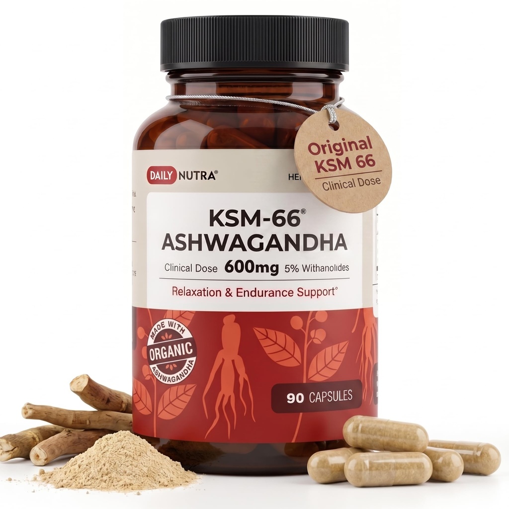 DailyNutra KSM-66 Ashwagandha 600mg Extrato Orgânico de Raiz - Suplemento de alta potência com 5% Withanolides Alivia Cansaço, Suporta Relaxamento, Foco, Energia e Crescimento Músculo (90 Cápsulas)