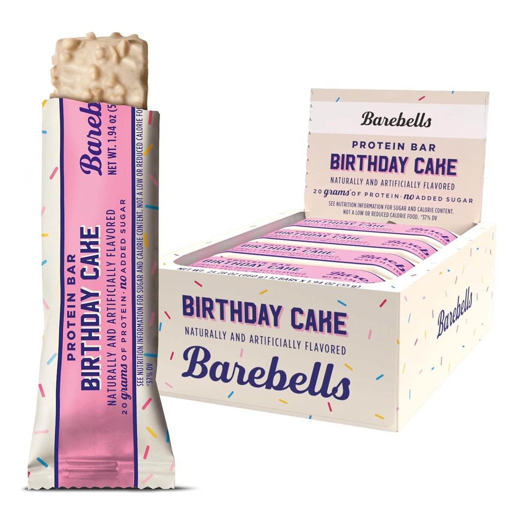 Barrinhas Barrinhas de proteína Bolo de aniversário - 12 Count, 20g Alta Protein Treats - Chocolate Nutrition Bar com 1g Total de Açúcares - Café da manhã on-the-go ou pós-treino